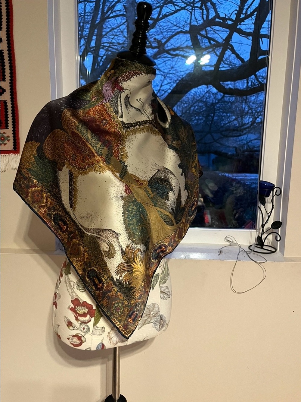 Vintage-Inspired Floral Paisley Silk Scarf - Multicolor with elephant